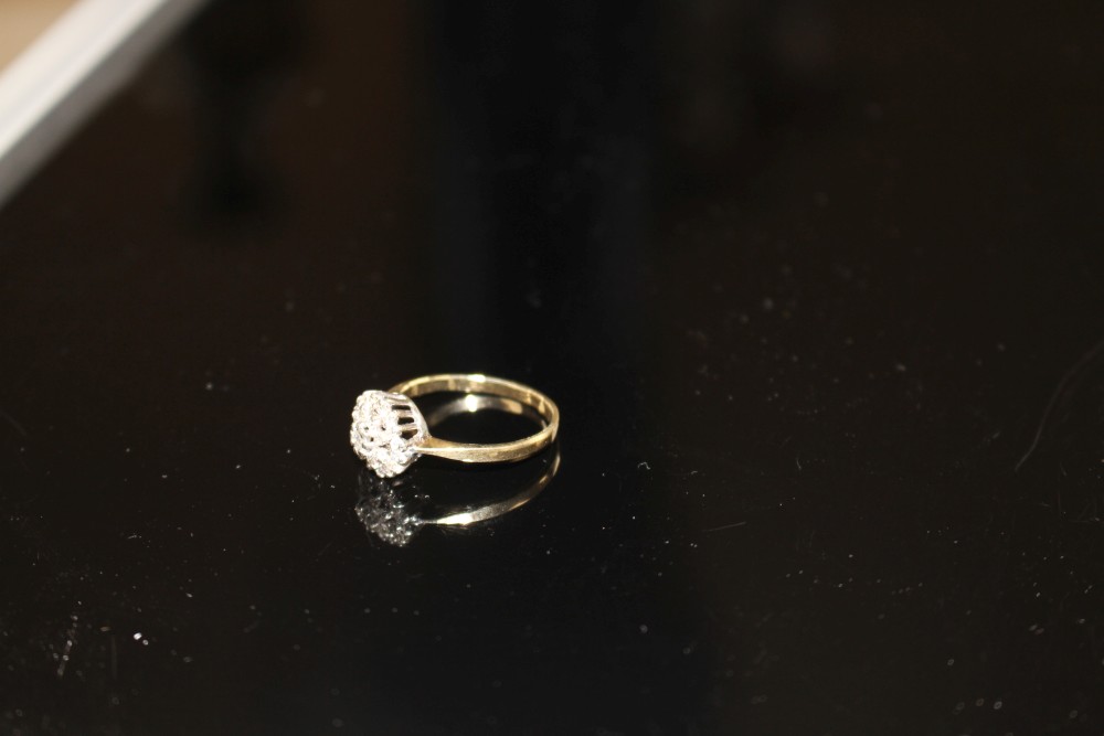 A modern 9ct gold and diamond cluster ring, size O, gross weight 2.2 grams.